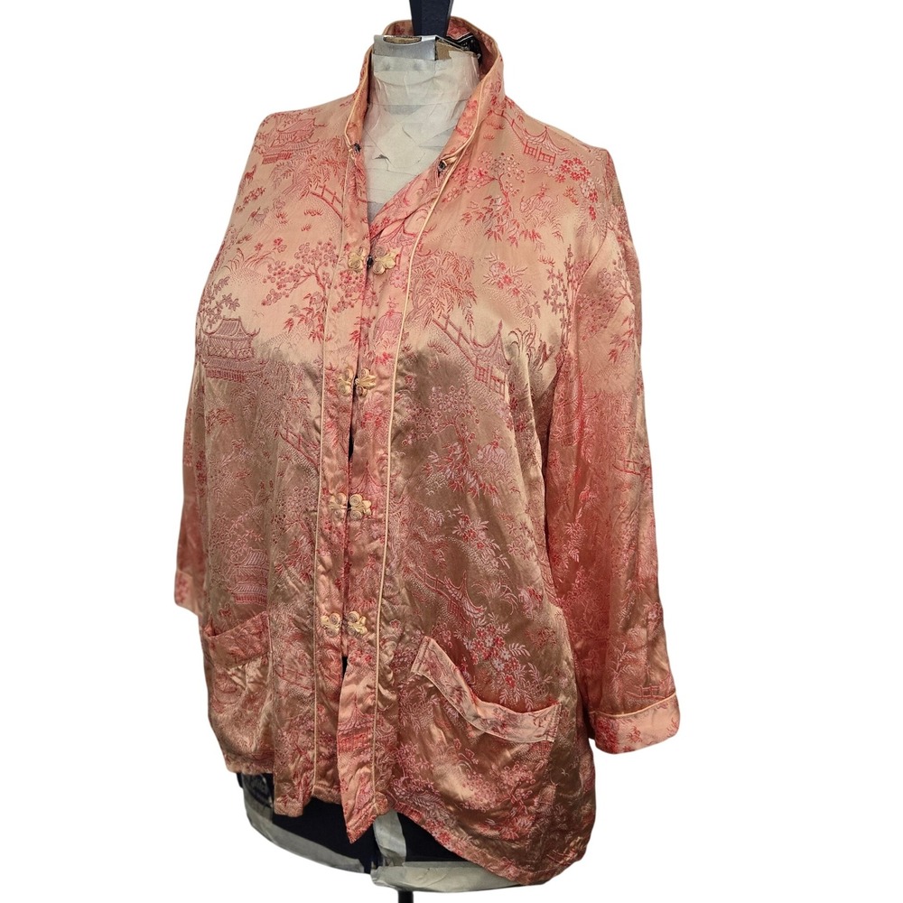 VINTAGE Peony Brand Brocade Jacket M Qipao Mandarin‎ Pink Rayon Chinoiserie